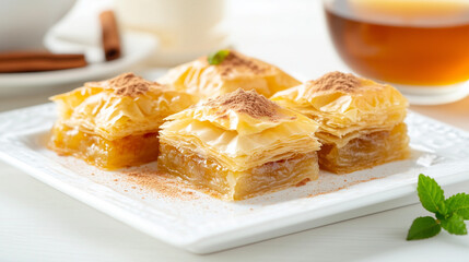 Golden honey-drizzled baklava with nuts on gray plate against festive lantern backdrop