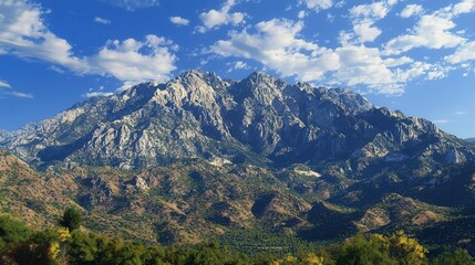 Naklejka premium Majestic Mountain Range under a Blue Sky with Fluffy Clouds