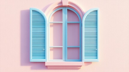 Fototapeta premium Pastel pink wall with arched window and light blue shutters.