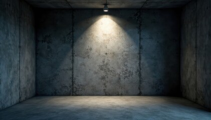 Grunge concrete room, single spotlight, dark ambiance, black and white, wall