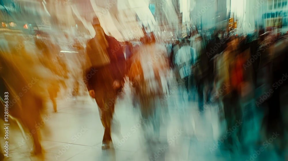 Poster blurred motion of a bustling city street filled with commuters and pedestrians navigating the fast p