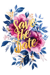Fototapeta premium Save the date watercolor floral card in gold foil script font on a pink and blue floral watercolor illustration card. isolated background
