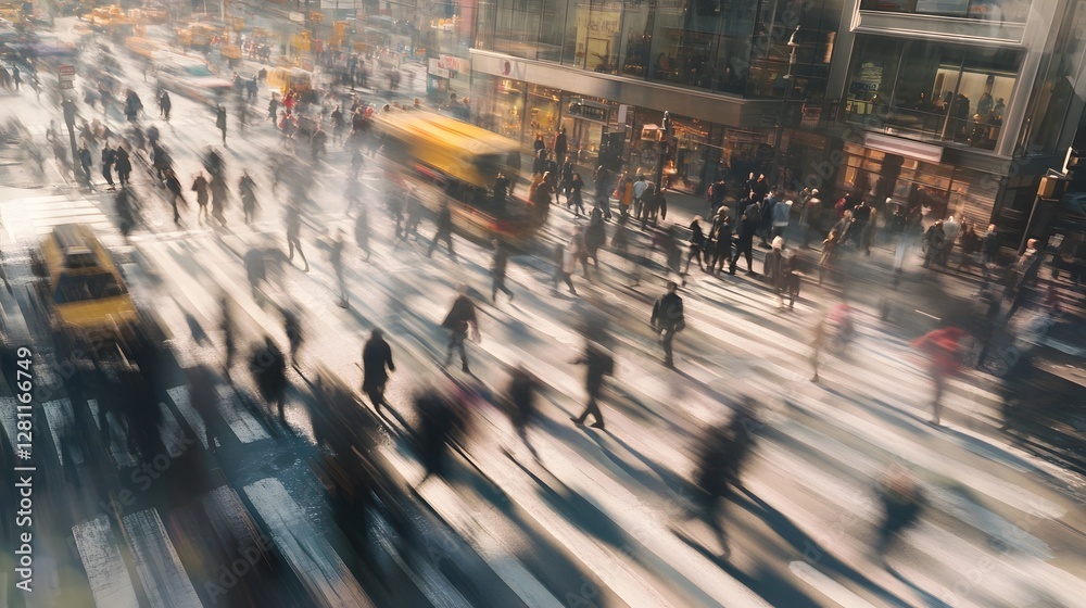 Poster blurred motion of a bustling crowd of people rushing through a crowded urban street during the workd