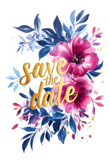 Obraz premium Save the date watercolor card in gold foil script and fuchsia pink flowers and blue foliage isolated background