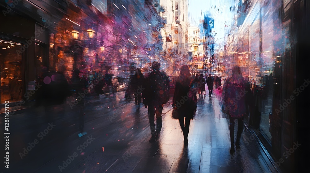 Aufkleber blurred motion of a bustling illuminated city street at night with a crowd of commuters walking thro