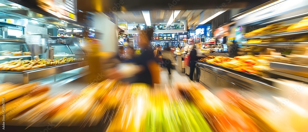 Poster blurred motion of a bustling urban market or street scene with a multitude of stalls vendors and cro