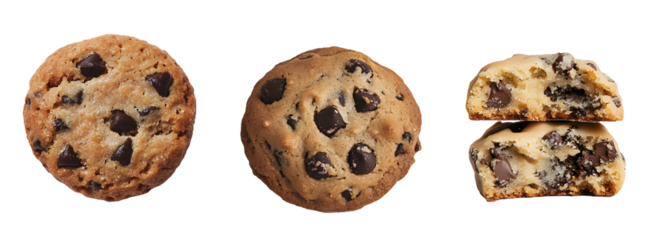 Assorted Chocolate Chip Cookies with Whole and Half-Cut Views Isolated on Transparent PNG and White Background, Cut Out