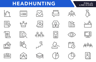 Headhunting line icon set. Career, resume, interview, candidate, analysis, email, diploma, leadership, briefcase, video calls, agendas line icon set. UI thin line icon pack.
