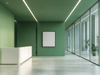 Modern empty office interior with green walls, white reception, blank poster on the wall, and glass partitions in open space. 3D Rendering,

