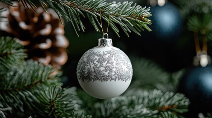 Christmas Ornament on Snowy Fir Tree Branch
