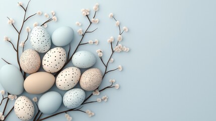 Fototapeta premium Easter eggs with pastel colors lying near white flowers branch, copy space