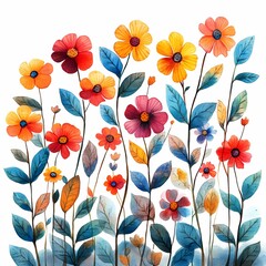Naklejka premium A colorful painting of vibrant flowers intertwined with lush green leaves, celebrating natures beauty