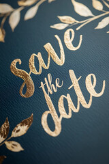 Save the date gold foil font embossed on navy card
