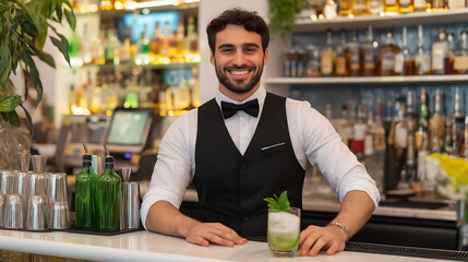 Bartender uniform in a bar setting, featuring a dressed bartender, white shirt