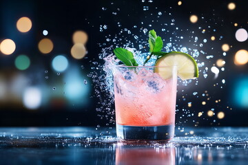 Cocktail mixing with colorful liquids being poured into a glass, neon-lit bar background, layout with copy space
