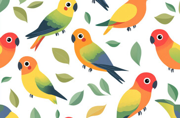 Fototapeta premium Brightly colored parrots are arranged against lush tropical leaves, creating a vibrant and energetic design