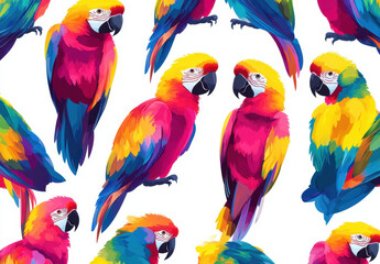 Naklejka premium This seamless pattern showcases a lively arrangement of colorful parrots, adding a tropical vibe with their bright hues and playful poses
