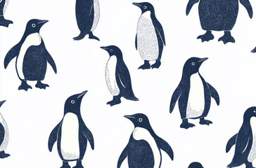Obraz premium A seamless pattern showcases delightful illustrations of penguins in multiple stances, adding a whimsical touch to any design project