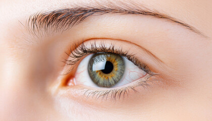 Obraz premium Close-up of a person's eye displaying vibrant green and brown hues, highlighting the intricate details of the iris and eyelashes.
