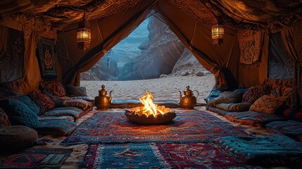 Fototapeta premium Cozy Desert Campfire Scene Inside Arabian Tent