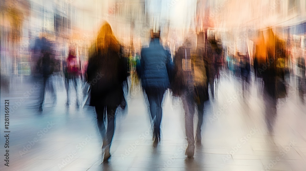 Aufkleber blurred motion of a busy crowd of anonymous people walking on a city street during the rush hour com