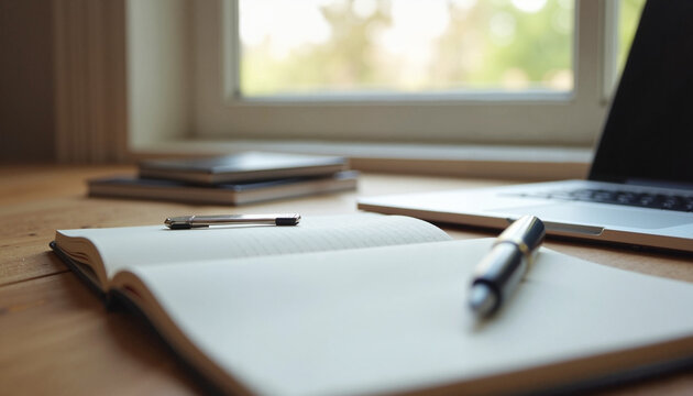 A calming scene of an open notebook and a pen placed on a desk near a sunny window, symbolizing creativity and peaceful writing moments.