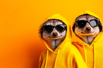 Two meerkats wearing sunglasses and a yellow hoodie