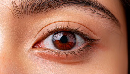 Obraz premium A close-up of a human eye, showcasing rich brown iris details and well-groomed eyelashes against a soft skin backdrop.