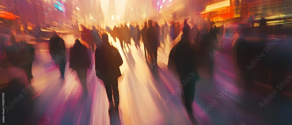Poster Blurred motion of a crowd in a vibrant illuminated cityscape captures the dynamic energy and futuristic atmosphere of an urban nightlife scene  The surreal