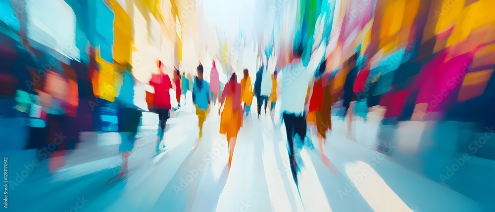 Poster blurred motion of a crowd of people walking along a busy city street with vibrant colors dynamic ene