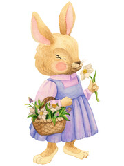 charming watercolor illustration of a rabbit in a vintage dress with flowers