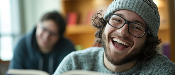 Fototapeta premium A joyful male student with glasses and a beanie laughs while enjoying a book in a relaxed study area with a soft background