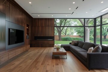 A luxury minimalist living room with a high-end wooden interior design, dark walnut paneling, a modern sectional sofa, a floating wooden media console, soft recessed lighting