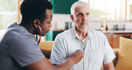 Doctor, old man and heart check with home visit, stethoscope and assessment for symptoms of angina....