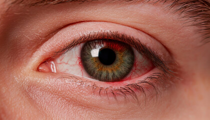 A close-up view of a human eye, showcasing its unique colors and intricate details, including the iris and pupil.