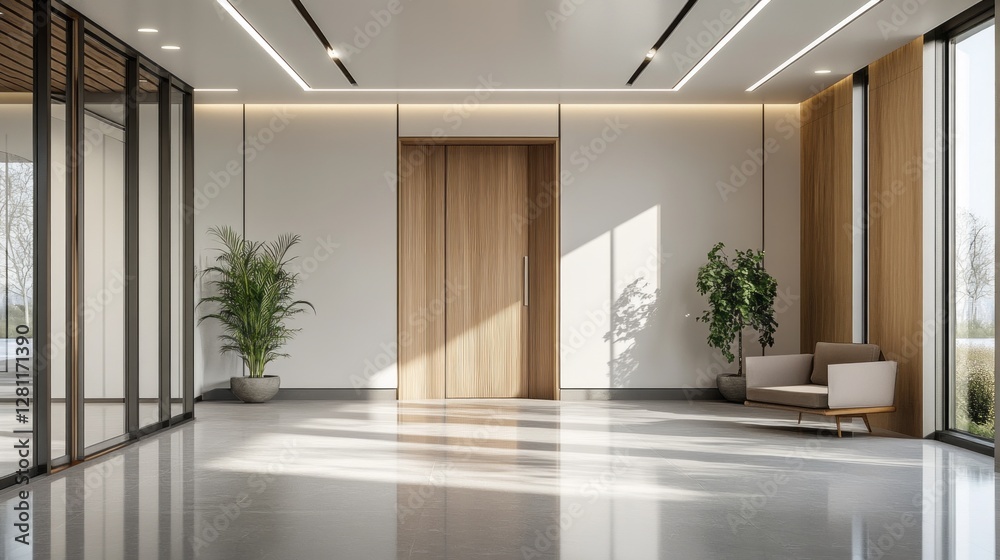 Poster Soft light filters through large windows, illuminating a spacious room with an open door. A relaxing atmosphere is created by the plants and minimalist furniture, inviting exploration
