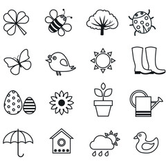 Outline icon set of spring elements. Spring stickers for poster and greeting cards. Vector illustration.