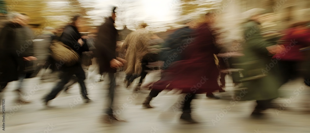 Poster blurred motion of a crowded city street with people walking and commuting in a fast paced urban envi