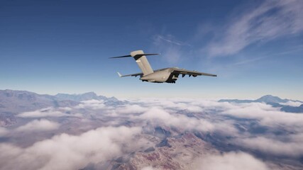 An American military transport plane carrying army cargo takes off against a backdrop of mountainous terrain in the clouds. 3D animation for United States Air Force Day.