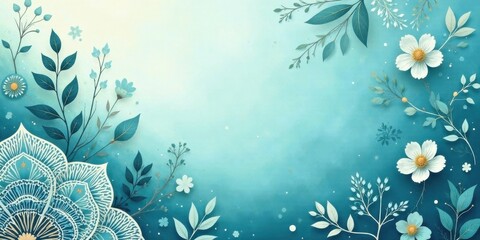 Serene Teal Floral Background with Intricate Mandala Design and Delicate Paper Flowers