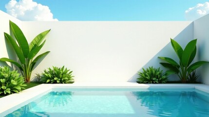 Serene Minimalist Poolside Oasis with Lush Tropical Greenery and a Clean White Wall Background