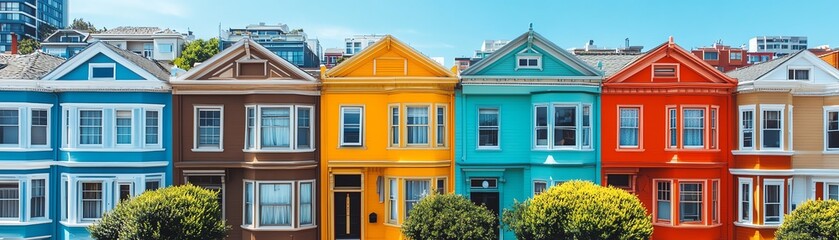Obraz premium A bustling, colorful street with rows of houses in bold hues, brightly painted facades, sunny weather, bustling neighborhood, vivid urban landscape
