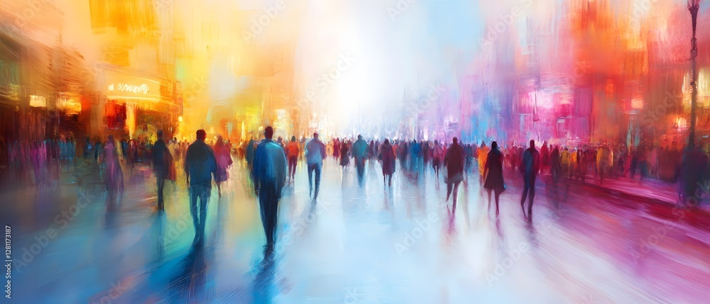 Poster blurred motion of a diverse vibrant crowd of people walking on a busy urban city street with colorfu