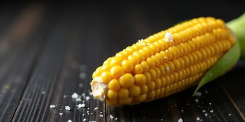 Close-up of a fresh, vibrant yellow corn on the cob, sprinkled with salt, resting on a dark wooden surface.