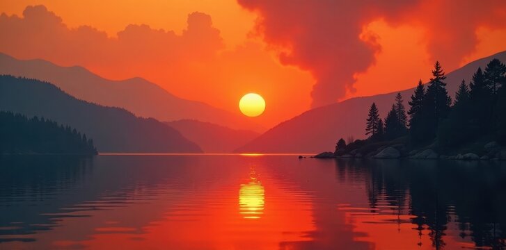 Orange sun bleeds through wildfire smoke over calm Skaha Lake; Penticton, BC , orange sky, fire