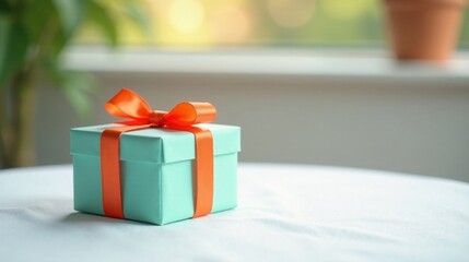 A small light blue gift box with an orange ribbon sits on a white surface, bathed in soft sunlight near a window