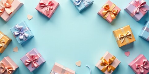 Pastel Presents A Festive Arrangement of Gift Boxes with Delicate Ribbons and Hearts on a Light Blue Background