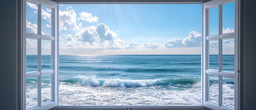 Fototapeta A peaceful sea vista seen through an open window, waves gently crashing, vibrant sky, soft light filtering through, creating a tranquil and calming scene