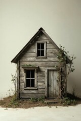 A weathered wooden cottage, nestled amongst burgeoning vegetation, stands solitary against a neutral backdrop