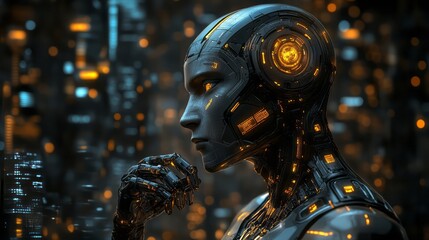 Futuristic humanoid robot with illuminated circuitry stands against cityscape